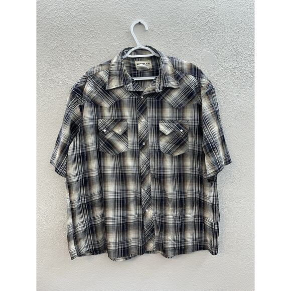 Rustler By Wrangler Mens Pear Snap Size XL Short Sleeve Brown Plaid Collared - Picture 1 of 14